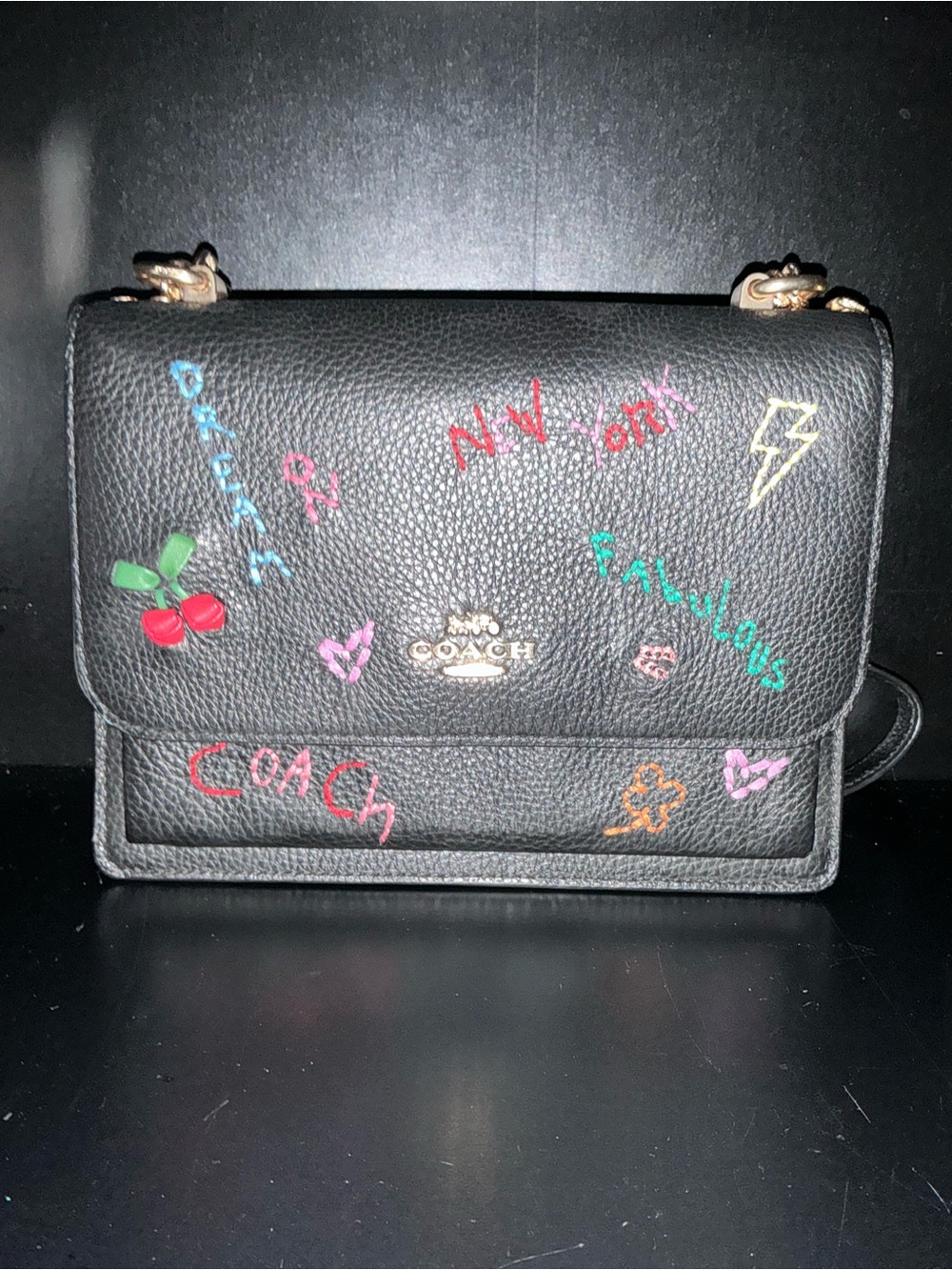 Coach Black Leather Crossbody with Multicolor Graffiti Accents